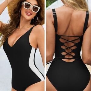 BMJL Lace-Up Crisscross Side Stripe One Piece Swimsuit NWT